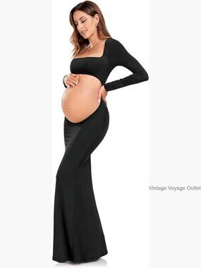 Maternity Long Sleeve Bodycon Dress Backless Open Belly Photoshoot Gown